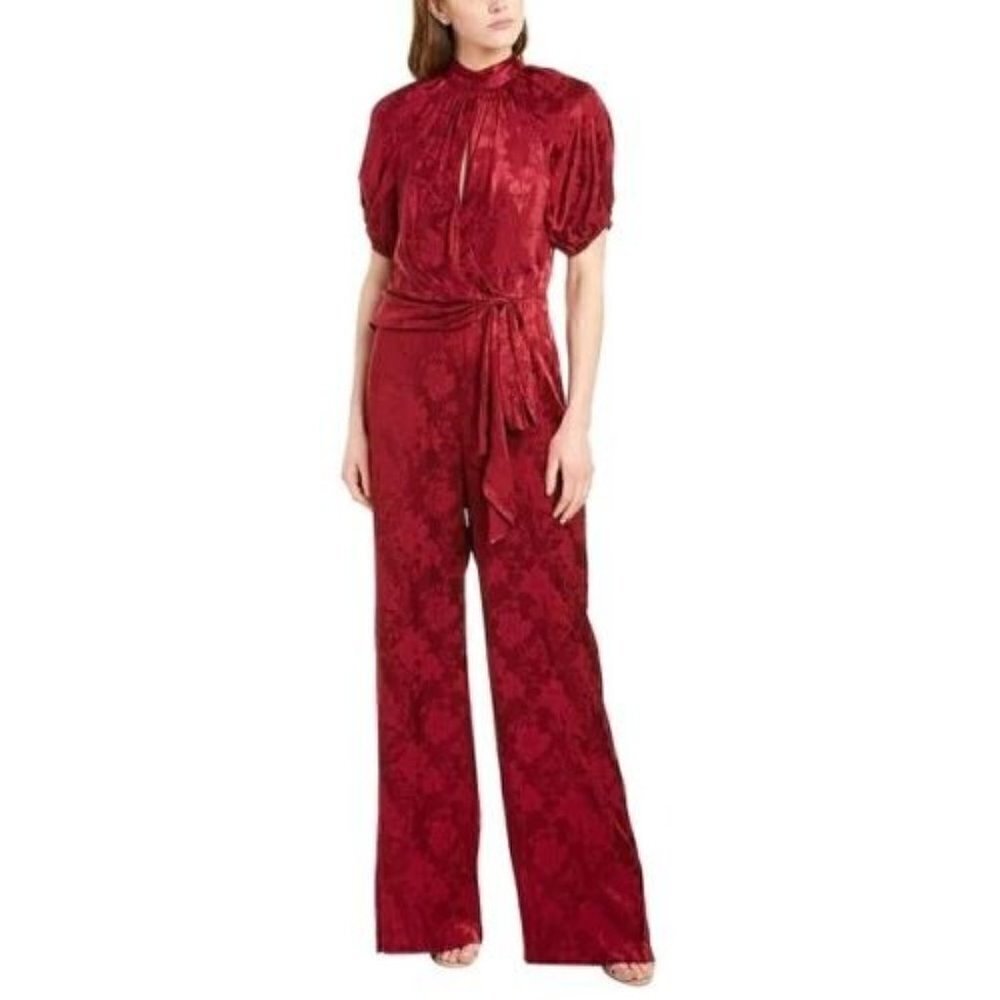 ML Monique Lhuillier Red Currant Jacquard Short Sleeve‎ Jumpsuit 8